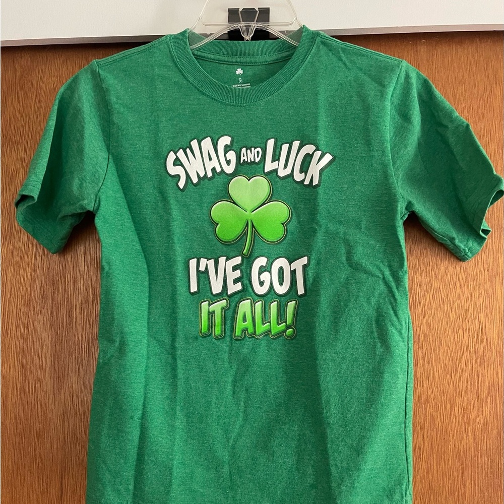 Green Kids T-Shirt with Shamrock Design - Size Medium